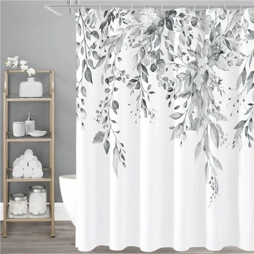 Grey Eucalyptus Shower Curtain, Watercolor Plant Leaves with Floral Bathroom